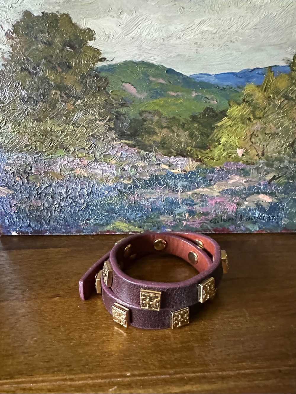 Tory Burch Gold-Studded Double Wrap Leather Bracelet - Plum